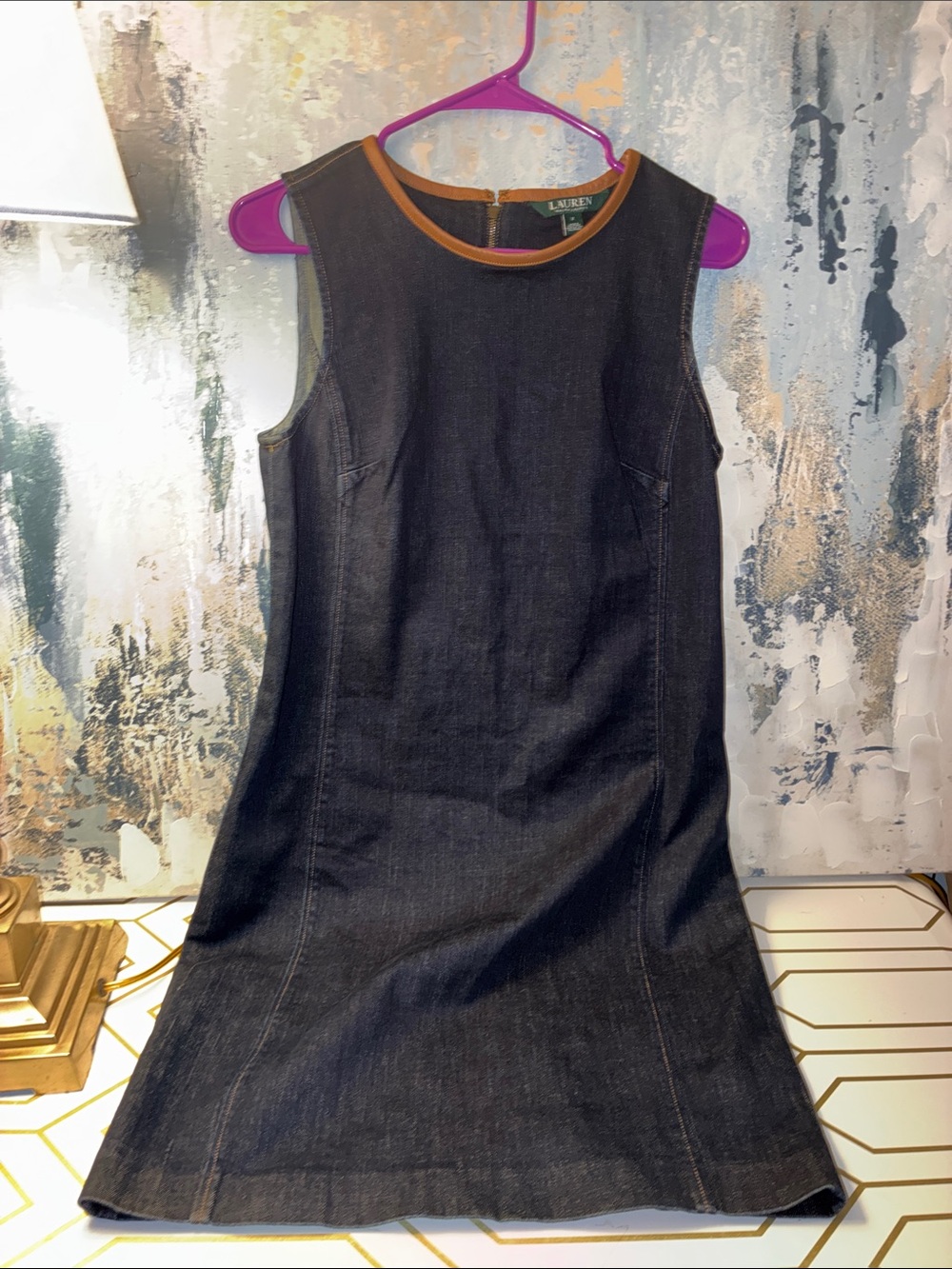 NWOT Lauren Ralph Lauren Black Denim Shift Dress with Genuine Leather  Neck Trim - Picture 2 of 15